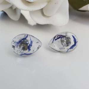 Flower Stud Earrings, Resin Earrings, Teardrop Earrings - Handmade resin teardrop earrings make with blue cornflower and silver flakes