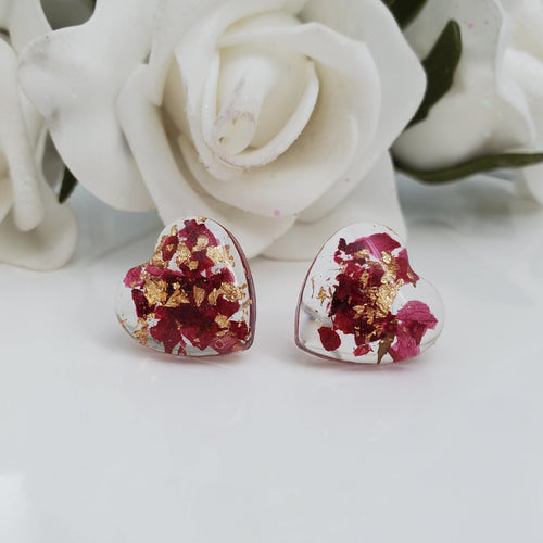 Flower Stud Earrings, Earrings, Stud Earrings - Handmade floral resin stud earrings with rose petals and gold leaf flakes