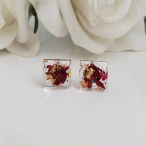 Flower Stud Earrings, Resin Earrings, Resin Flower Jewelry - Handmade resin square earrings with rose petals and gold flakes