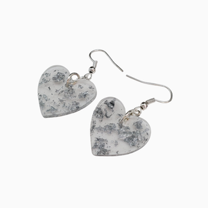 Heart Earrings, Drop Earrings, Resin Earrings, Earrings - Resin drop heart earrings in silver flakes