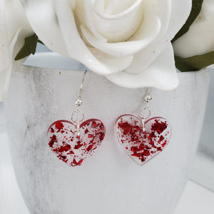 Heart Earrings, Drop Earrings, Resin Earrings, Earrings - Resin drop heart earrings in red flakes