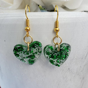Heart Earrings, Drop Earrings, Resin Earrings, Earrings - Resin drop heart earrings in green flakes