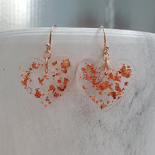 Load image into Gallery viewer, Heart Earrings, Drop Earrings, Resin Earrings, Earrings - Resin drop heart earrings in rose gold flakes