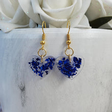 Load image into Gallery viewer, Heart Earrings, Drop Earrings, Resin Earrings, Earrings - Resin drop heart earrings in blue flakes