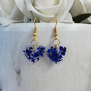 Heart Earrings, Drop Earrings, Resin Earrings, Earrings - Resin drop heart earrings in blue flakes