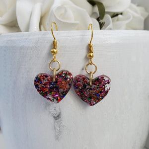 Heart Earrings, Drop Earrings, Resin Earrings, Earrings - Resin drop heart earrings in multi-color flakes