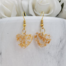 Load image into Gallery viewer, Heart Earrings, Drop Earrings, Resin Earrings, Earrings - Resin drop heart earrings in gold flakes