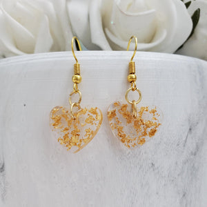 Heart Earrings, Drop Earrings, Resin Earrings, Earrings - Resin drop heart earrings in gold flakes