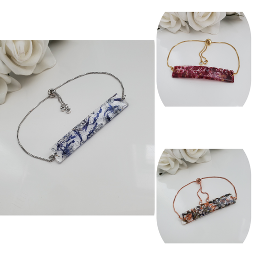 18K Bracelet, Flower Bracelets, Bracelets, handmade 18k real flower resin bar bracelets, blue cornflower petals, rose petals, lavender petals