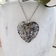 Load image into Gallery viewer, Handmade resin heart necklace made with lavender and silver flakes preserved in resin. - Flower Necklace, Heart Necklace, Flower Jewelry , Necklaces