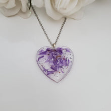 Load image into Gallery viewer, Flower Necklace, Heart Necklace, Flower Jewelry , Necklaces - Handmade resin heart necklace with statice flowers and silver flakes