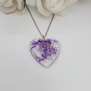 Flower Necklace, Heart Necklace, Flower Jewelry , Necklaces - Handmade resin heart necklace with statice flowers and silver flakes