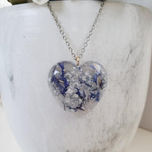 Load image into Gallery viewer, Flower Necklace, Heart Necklace, Flower Jewelry , Necklaces - Handmade resin heart necklace with blue cornflowers and silver flakes