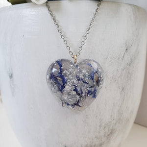 Flower Necklace, Heart Necklace, Flower Jewelry , Necklaces - Handmade resin heart necklace with blue cornflowers and silver flakes