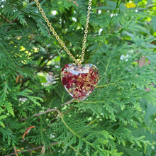 Load image into Gallery viewer, Handmade resin heart necklace made with red rose petals and gold flakes preserved in resin. - Flower Necklace, Heart Necklace, Flower Jewelry , Necklaces