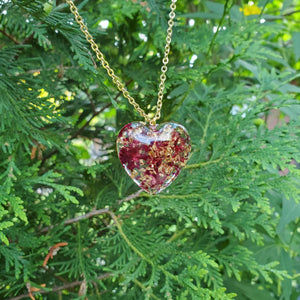 Handmade resin heart necklace made with red rose petals and gold flakes preserved in resin. - Flower Necklace, Heart Necklace, Flower Jewelry , Necklaces
