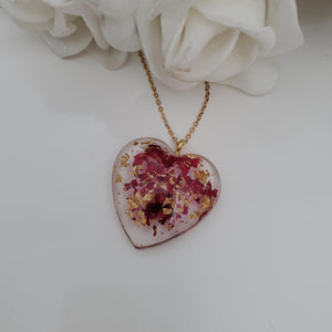 Flower Necklace, Heart Necklace, Flower Jewelry , Necklaces - Handmade resin heart necklace with rose petals and flakes flakes