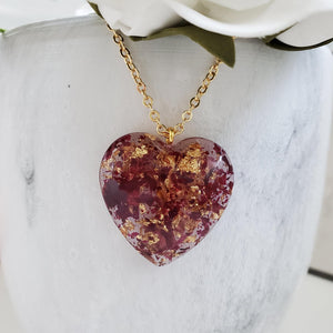 Handmade resin heart necklace made with red rose petals and gold flakes preserved in resin. - Flower Necklace, Heart Necklace, Flower Jewelry , Necklaces