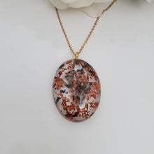 Load image into Gallery viewer, Pendant Necklace - Necklaces - Flower Necklace - Handmade resin oval necklace with real lavender petals and rose gold flakes.