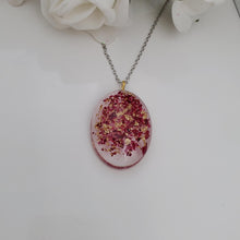 Load image into Gallery viewer, Pendant Necklace - Necklaces - Flower Necklace - Handmade resin oval necklace with real rose petals and gold flakes.
