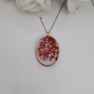 Pendant Necklace - Necklaces - Flower Necklace - Handmade resin oval necklace with real rose petals and gold flakes.