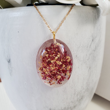 Load image into Gallery viewer, Pendant Necklace - Necklaces - Flower Necklace - Handmade resin oval necklace with real rose petals and gold flakes.