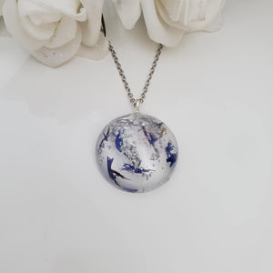 Flower Necklace, Flower Pendant, Resin Necklace - Handmade flower semi-sphere necklace made with blue cornflower and silver flakes