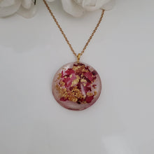 Load image into Gallery viewer, Flower Necklace, Flower Pendant, Resin Necklace - Handmade flower semi-sphere necklace made with rose petals and gold flakes