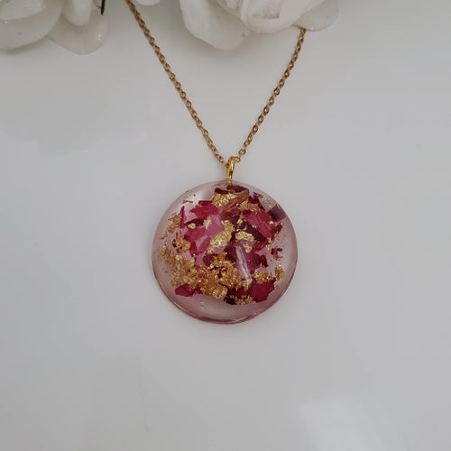 Flower Necklace, Flower Pendant, Resin Necklace - Handmade flower semi-sphere necklace made with rose petals and gold flakes