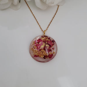 Flower Necklace, Flower Pendant, Resin Necklace - Handmade flower semi-sphere necklace made with rose petals and gold flakes