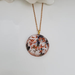 Flower Necklace, Flower Pendant, Resin Necklace - Handmade flower semi-sphere necklace made with lavender petals with rose gold flakes