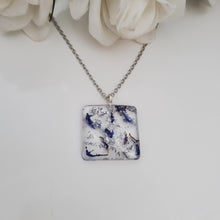 Load image into Gallery viewer, Square Pendant Necklace, Flower Necklace, Pendant Necklace - Handmade resin square necklace made with real blue cornflowers and silver flakes