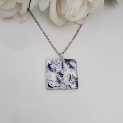 Square Pendant Necklace, Flower Necklace, Pendant Necklace - Handmade resin square necklace made with real blue cornflowers and silver flakes