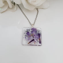 Load image into Gallery viewer, Square Pendant Necklace, Flower Necklace, Pendant Necklace - Handmade resin square necklace made with real blue cornflowers statice and silver flakes