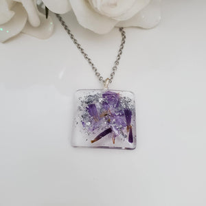 Square Pendant Necklace, Flower Necklace, Pendant Necklace - Handmade resin square necklace made with real blue cornflowers statice and silver flakes