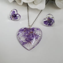 Load image into Gallery viewer, Flower Jewelry, Resin Flower Jewelry, Jewelry Sets - handmade lavender jewelry set with silver flakes