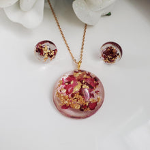 Load image into Gallery viewer, Resin Flower Jewelry, Flower Jewelry, Jewelry Sets - Handmade resin rose petal necklace and earring jewelry set