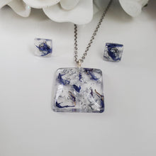Load image into Gallery viewer, Flower Jewelry, Jewelry Sets, Flower Jewelry - Handmade resin flower square jewelry set, blue cornflower and silver flakes