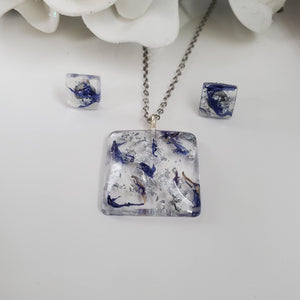 Flower Jewelry, Jewelry Sets, Flower Jewelry - Handmade resin flower square jewelry set, blue cornflower and silver flakes
