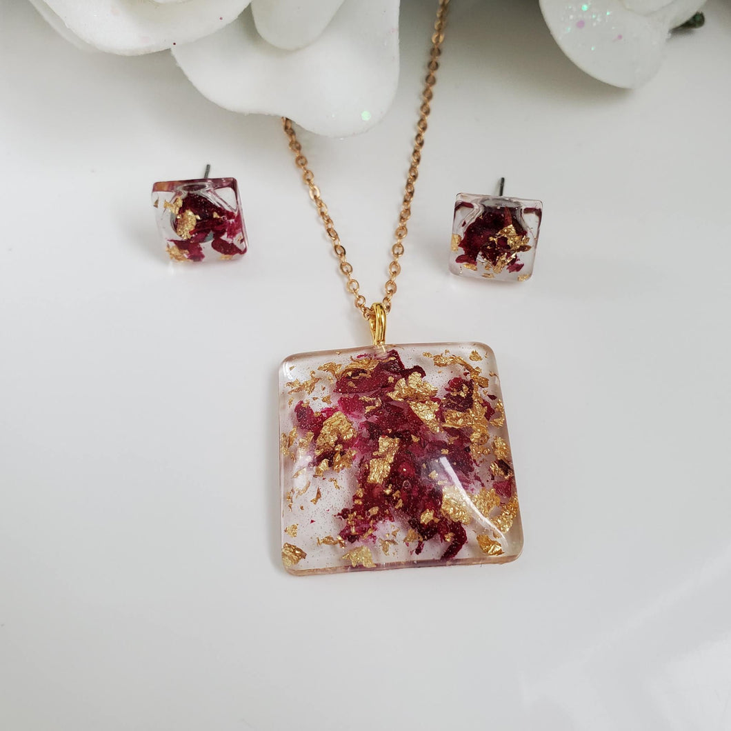 Flower Jewelry, Jewelry Sets, Flower Jewelry - Handmade resin flower square jewelry set, rose petals and gold flakes