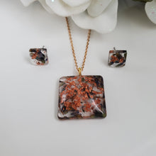 Load image into Gallery viewer, Flower Jewelry, Jewelry Sets, Flower Jewelry - Handmade resin flower square jewelry set, lavender petals and rose gold flakes