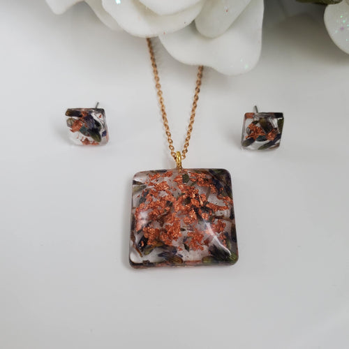 Flower Jewelry, Jewelry Sets, Flower Jewelry - Handmade resin flower square jewelry set, lavender petals and rose gold flakes
