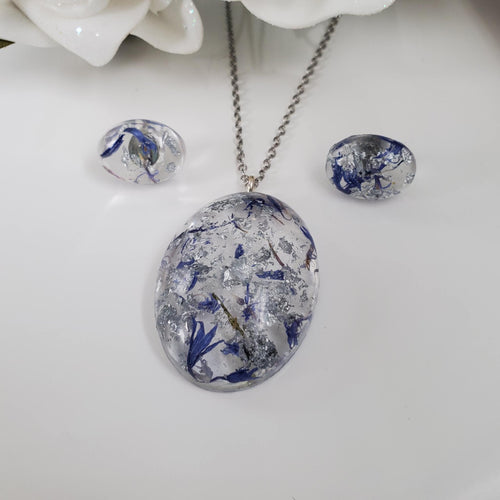 Flower Jewelry, Jewelry Sets, Necklace And Earring Set - Handmade resin oval necklace and earring jewelry set - blue cornflower and silver flakes