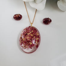 Load image into Gallery viewer, Flower Jewelry, Jewelry Sets, Necklace And Earring Set - Handmade resin oval necklace and earring jewelry set - rose petals and gold flakes
