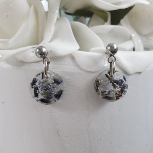 Resin Flower Jewelry, Flower Earrings, Bridal Gifts - Handmade real flower resin round stud earrings made with lavender petals and silver flakes