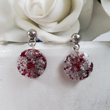 Load image into Gallery viewer, Resin Flower Jewelry, Flower Earrings, Bridal Gifts - Handmade real flower resin round stud earrings made with rose petals and silver flakes