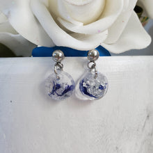 Load image into Gallery viewer, Resin Flower Jewelry, Flower Earrings, Bridal Gifts - Handmade real flower resin round stud earrings made with blue cornflower and silver flakes