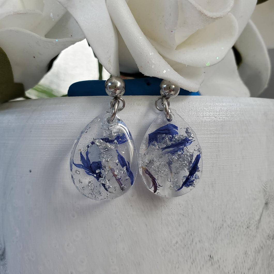 Flower Earrings, Resin Flower Jewelry, Bridal Gifts - Handmade resin real flower teardrop stud earrings made with blue cornflower and silver flakes