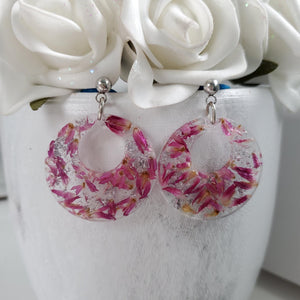 Handmade real flower resin round stud drop earrings made with red clover flowers and silver flakes - Flower Earrings, Resin Flower Jewelry, Bridal Gifts