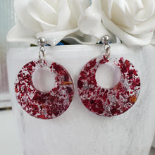 Load image into Gallery viewer, Handmade real flower resin round stud drop earrings made with rose petals and silver flakes - Flower Earrings, Resin Flower Jewelry, Bridal Gifts